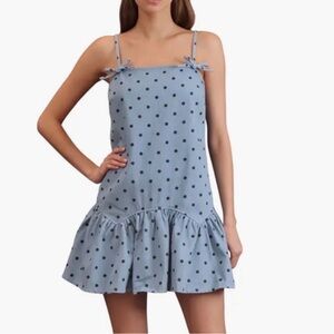 Avec Les Filles NWT Denim Blue Dress with Blue Polka Dots Small